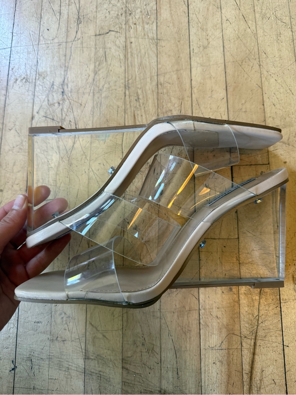 STEVE MADDEN Isa Clear Lucite Wedge Thick Strap Heel Sandals Open Toe Chic 9.5 - Picture 8 of 11